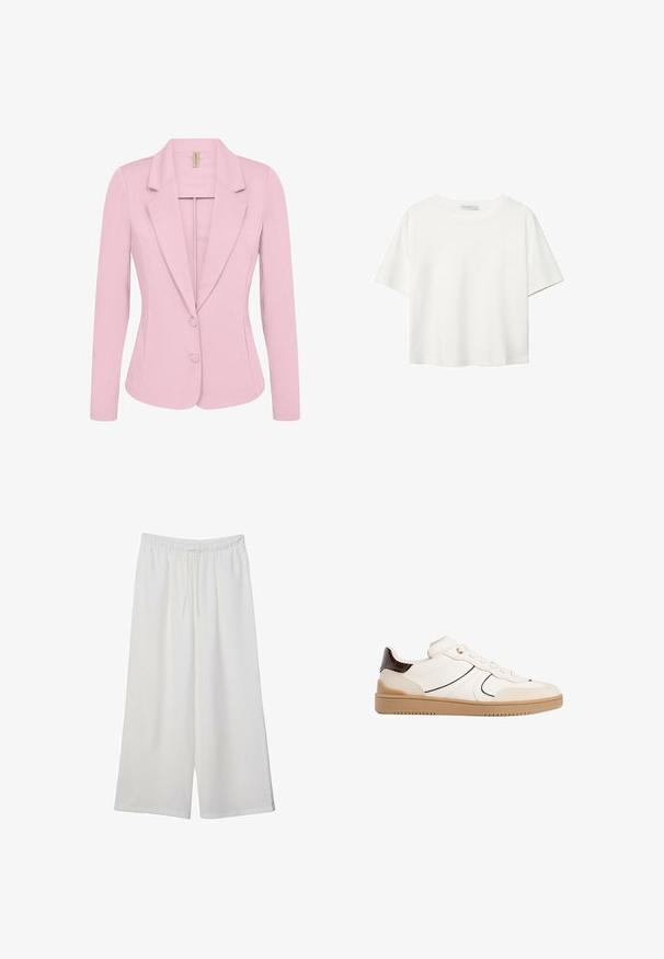 Soyaconcept SC-DANIELA 1 - Blazer - pink; Hvid kortærmet t-shirt lavet af bomuld. Har en rund halsudskæring og en afslappet pasform. Glat tekstur uden synlige mønstre eller detaljer.; Hvide vidde bukser lavet af letvægtsstof, med en elastisk talje og snøre for justerbar pasform. Glat tekstur.; Stradivarius Sneakers - white