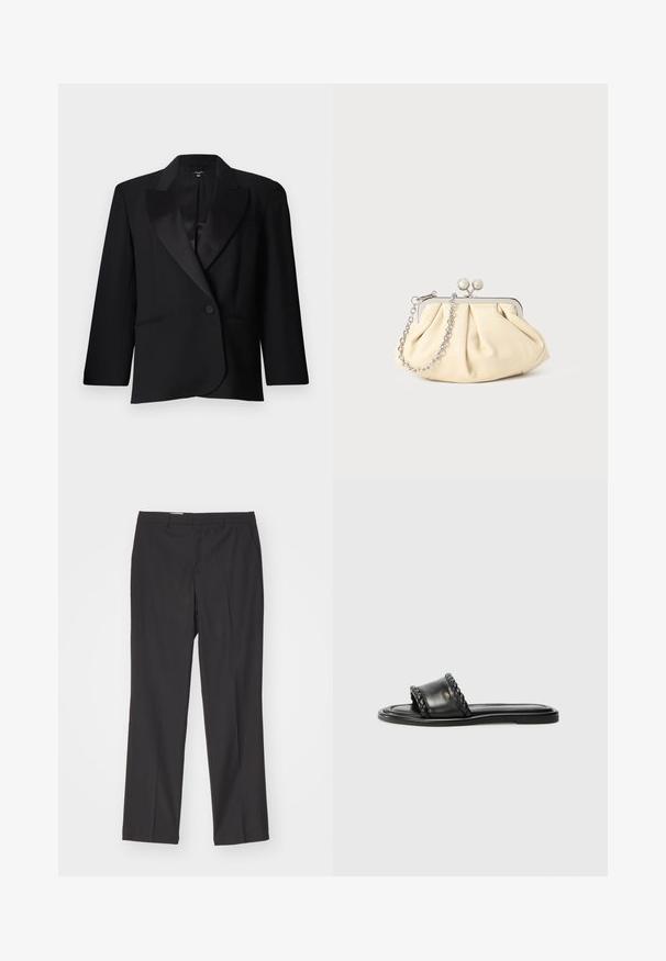 Fekete, szabott blézer selyemre emlékeztető hajtókákkal, egygombos záródással, két elülső zsebbel és struktúrált kialakítással. Sima szövettextúra.; Fekete, hosszú ujjú ing, galléros nyakkal, gyűrött textúrával, teljes gombos elejével és mandzsettákkal. Simaságú anyagból készült.; Fekete, szabott nadrág egyenes szárú dizájnnal, övhurkokkal és sima textúrával, könnyű anyagból készült.; Fekete bőr szandál szőtt pánt részlettel, lapos talppal és letisztult dizájnnal. Sima textúra és minimalista profil.; Pleátolt bézs bőr válltáska ezüst fém kerettel, két kerek díszcsattal és ezüst lánc pánttal.