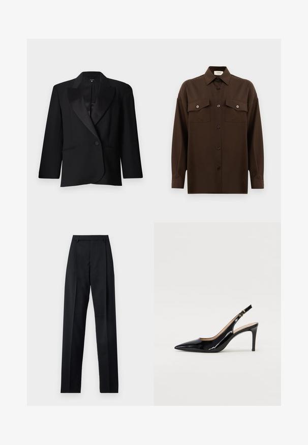 Czarna, dopasowana marynarka z satynowym kołnierzem, na pojedynczy guzik, z dwiema przednimi kieszeniami i strukturalnym krojem. Gładka faktura materiału.; Ciemnobrązowa, długa koszula z guzikami, z dwiema kieszeniami na klatce piersiowej i klasycznym kołnierzykiem, zaprezentowana na jednolitym białym tle.; Czarne spodnie wykonane z gładkiego materiału, z wysokim stanem, szerokimi nogawkami, fałdami z przodu i klasycznymi szlufkami na pasek. Brak widocznych kieszeni bocznych.; Czarne lakierowane szpilki typu slingback z szpiczastym noskiem, smukłym obcasem i subtelnym wycięciem. Posiadają złotą klamrę na pasku.