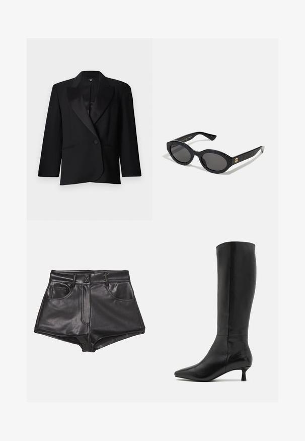 Mustat räätälöidyt takit, joissa on satiinikaulukset, yksittäinen nappisulku, kaksi etutaskua ja jämäkkä muotoilu. Smooth-kankaan rakenne.; Valkoinen puuvillapaita, jossa on lyhyet hihat ja pyöreä kaula-aukko. Ominaisuuksiin kuuluu rento istuvuus ja minimalistinen muotoilu ilman kuvioita tai koristeita.; Mustat keinonahkaisista shortsit korkealla vyötäröllä, joissa on kaksi etutaskua, näkyvät ompeleet ja sileä pinta.; Zign Saappaat - black; Mustat soikeat aurinkolasit tummilla linsseillä ja kiiltävästä muovista valmistetulla kehällä. Varustettu kullanvärisellä logolla temppeleissä, tarjoten tyylikkään ja modernin muotoilun.