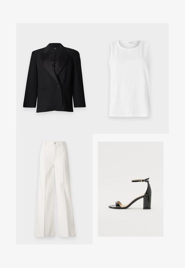 Crni kaputić krojen na mjeru s satenskim ovratnicima, zatvaranje s jednim gumbom, dva prednja džepa i strukturirani dizajn. Glatka tekstura tkanine.; Bijela bezrukava majica napravljena od mekanog pamuka. Ima okrugli izrez i ravni kroj. Jednostavan dizajn bez vidljivih uzoraka ili akcenata.; Bijele široke hlače izrađene od pamuka s glatkom teksturom. Imaju prednji gumb, patentni zatvarač i dizajn s četiri džepa.; Crne lakirane sandale s širokim potpeticama, otvorenim prstima i remenom oko gležnja s zlatnom kopčom. Glatka tekstura i elegantan dizajn.