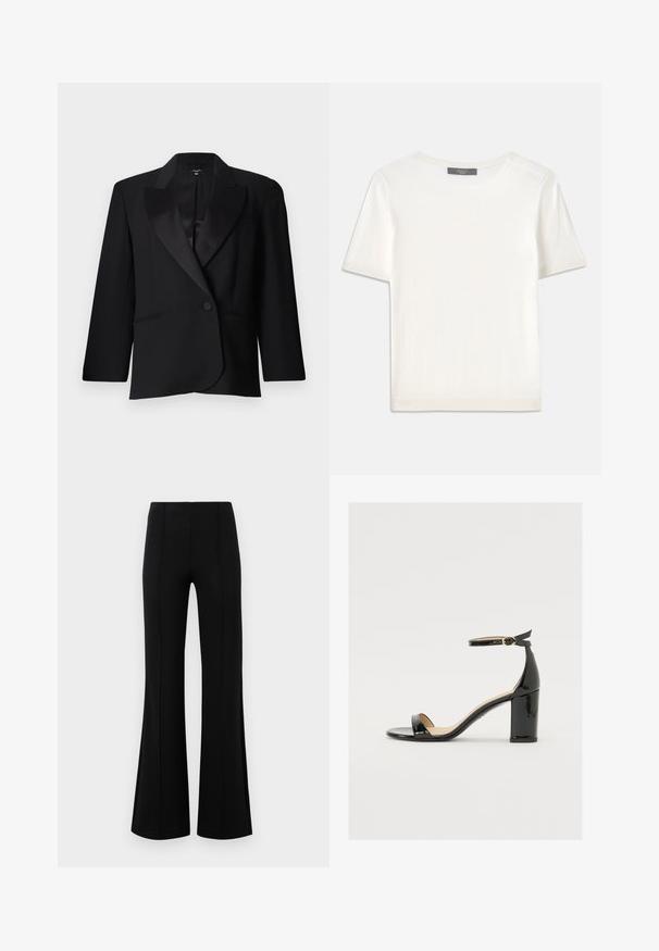 Must värviga, kohandatud bleiser satäänist krae, ühe nupuga kinnitamine, kaks esist taskut ja struktureeritud disain. Siledad kangastekstid.; Valge lühikeste varrukatega soonikutega viimistletud ringkaelusega kampsun, millel on sile tekstuur.; Mustad põlvpüksid kõrge vöökohaga, valmistatud venivast kangast. Esiküljel on vertikaalsed õmblusdetailid ja sile tekstuur.; Must musta nahk sandaalid laia kanna, avatud varvaste ja ankletihaga, millel on kuldne pandla. Sile tekstuur ja elegantne disain.