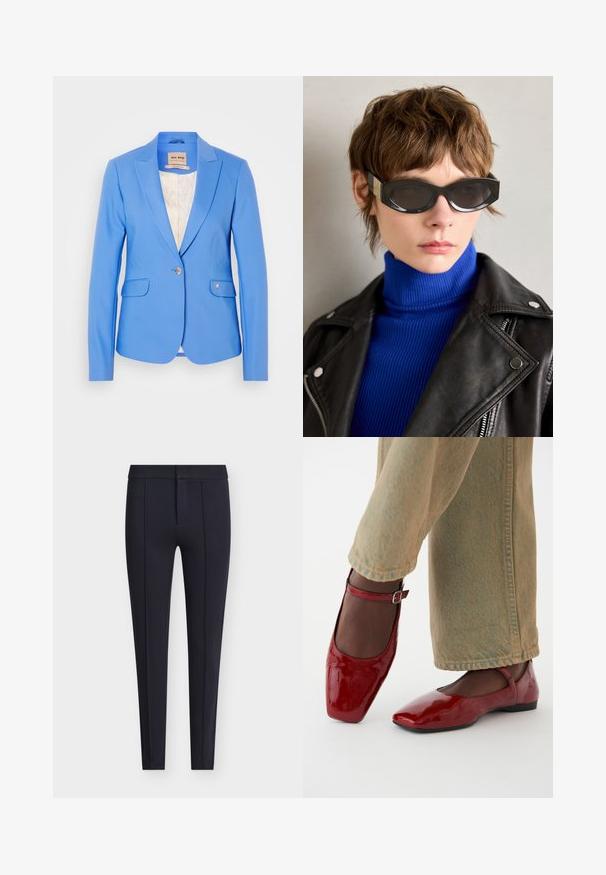 Gaiši zils bleizeris ar pieguļošu dizainu, divām priekšējām kabatām, vienas pogas aizdari un odere ar smalku rakstu.; Baltas garām piedurknēm blūze, kas izgatavota no gludas auduma, ar kakla saišu un pielāgotām aprocēm. Vienkāršs, klasiskā dizaina bez rakstiem.; Jūraszils piegriezuma auduma bikses ar gludu audumu, ar pieguļošu siluetu, priekšējām krokām un paslēptu rāvējslēdzēju ar pogu aizdari.; Sarkanie lakota ādas apavi ar kvadrātveida purngalu, zemu papēdi un potītes siksniņu, savienoti ar gaiši zaļiem platiem biksēm. Gluda tekstūra, atstarojoša virsma.; Melni saules brilles ar noapaļotām malām un tonētiem stikliem. Ar zeltītu aksesuāru uz tempļiem. Valkātas ar zilu ribotu tērpe un ādas jaku.