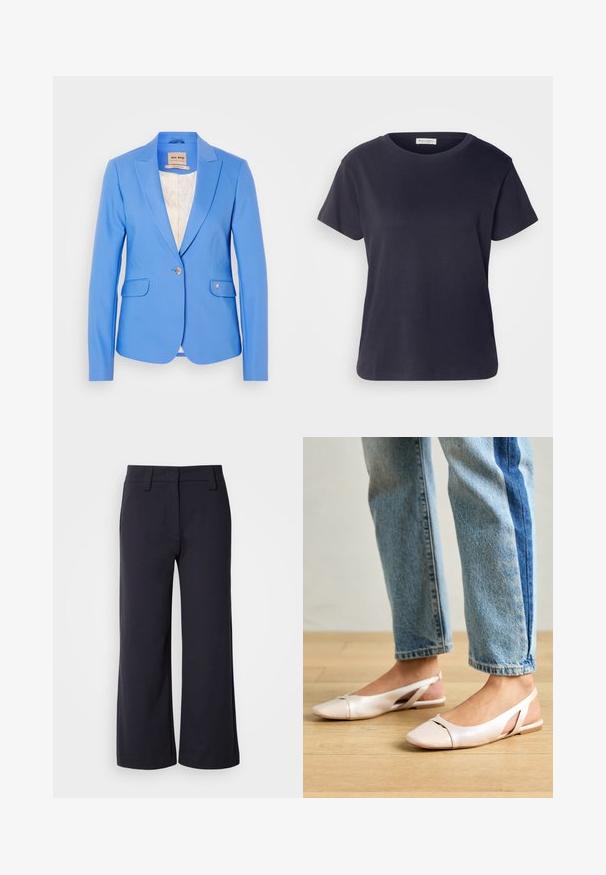 Blazer azul brilhante com um design ajustado, dois bolsos frontais, fecho de botão único e interior forrado com um padrão subtil.; T-shirt de algodão azul-marinho com decote redondo, mangas curtas e um corte descontraído. Textura suave e design minimalista, sem padrões visíveis.; Calças largas de tecido azul marinho escuro. Apresentam uma frente lisa, passantes para cinto e bolsos laterais. O material é suave com um ligeiro alongamento.; Sapatilhas slingback de cor rosa pálido com bico fino, feitas de um material semelhante a couro liso. Apresentam detalhes recortados nas laterais e um salto plano.