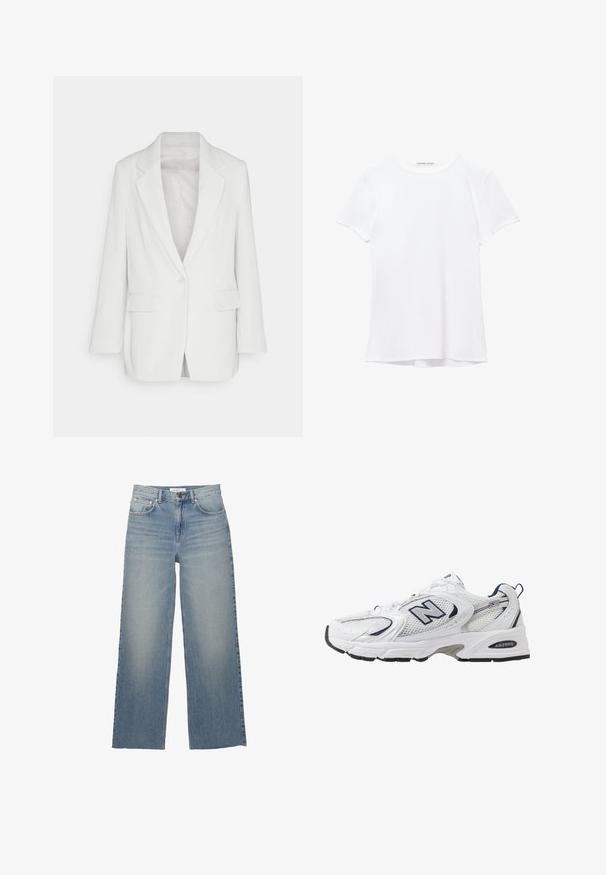 Białe żakiet z korduroju z wyłamywanym kołnierzem, pojedynczym zapięciem na guzik oraz dwiema przednimi kieszeniami o lekko luźnym kroju.; Biały krótki rękaw t-shirt wykonany z gładkiego materiału, z okrągłym dekoltem i subtelnymi detalami szycia na dole.; Jasnoniebieskie jeansy o szerokich nogawkach, wykonane z dżinsu, z wysokim stanem, kieszeniami z przodu i zapięciem na guzik. Gładka tekstura z wyblakłymi miejscami.; Białe sportowe buty z siateczkową cholewką, granatowymi akcentami i wyściełaną podeszwą. Posiadają logo "N", sznurówki oraz teksturowany detal po boku.