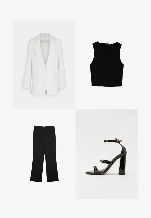 Bílý manšestrový blazer s klopovým límcem, jedním knoflíkem a dvěma předními kapsami, s mírně uvolněným střihem.; Černý bezsleeve crop top vyrobený z hladké tkaniny, s kulatým výstřihem a čistým, jednoduchým designem bez vzorů nebo kovových doplňků.; Černé kalhoty s rovným střihem, s předními kapsami a bočními rozparky na lemu. Vyrobené z jemné, hladké tkaniny. Vhodné na různé příležitosti.; Černé lakované sandály na podpatku se čtveratou špičkou, lýtkovými pásky a stříbrnými přezkami. Disponují masivním blokovým podpatkem pro stabilitu.