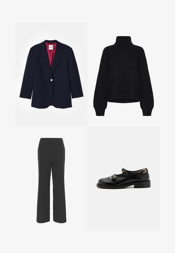 Jūras zila žakete ar pieguļu dizainu, viena sudraba pogas aizdare, divas priekšējās kabatas un sarkans satīna odere. Mīksta tekstūra, pielāgota forma.; Melnā džemperis ar augstu apkakli un saīsinātu dizainu, izgatavots no pūkainas auduma. Iezīmē plašas piedurknes un ribota tekstūra apkaklēs.; Tumši pelēki plaša kāju bikses ar teksturētu audumu, ar plakanu priekšpusi, jostu cilpiņām un tīru apakšmalu, piemērotas gan formālām, gan ikdienas valkāšanai.; Melnas ādas kurpes ar brogue detaļām, ar diviem sprādžu siksnām, noapaļotu purngalu un zemu papēdi. Gluda tekstūra ar spīdīgu apdari.