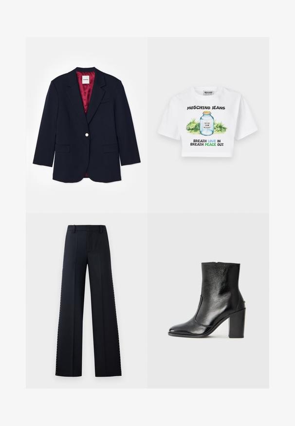Tumesinine bleiser, millel on istuv disain, ühe hõbedase nööbiga kinnine, kaks esist taskut ja punane satiinvooder. Pehme tekstuur, kohandatud kuju.; Valge lühike T-särk, millel on graafika klaaspurgist rohelise lehestikuga. Must ja sinine tekst ütleb "MOSCHINO JEANS" ning sisaldab armastuse ja rahu fraase.; Mustad püksid mustas värvitoonis. Kohandatud istuvus ja sile tekstuur. Küljelt ääre ääres on metallist nupud detailiks.; Must kõvale nahast pahklipsu saapad, millel on sile tekstuur, terav varvas ja paks kõrge kann. Omab külgavatust ja minimalistlikku disaini.