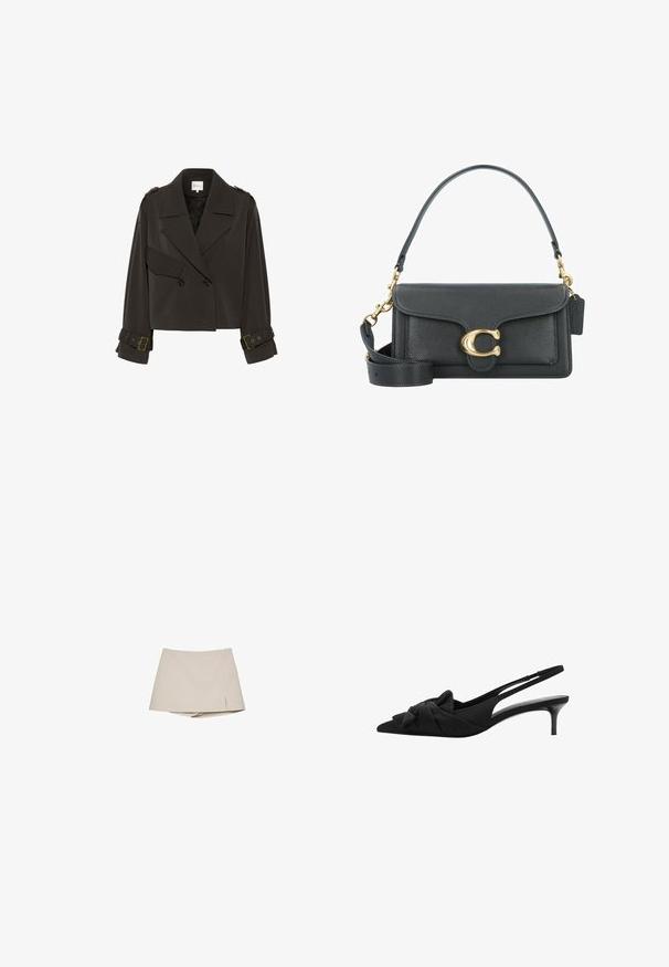 Mørkegrå kort jakke med dobbeltbryst og brede revers, skulderepauleter, to frontknapper, lange ærmer og spænder ved manchetterne.; Brun, cropped ribbet turtleneck sweater med lange ærmer og et struktureret strikdesign. Har brede manchetter og en tætsiddende krave.; Sort camisole med tynde justerbare stropper, der har en draperet front og samlet sidesøm, lavet af letvægtsstof.; Beige kvinders skorts med en let frontslids og tilknyttede shorts nedenunder, vist på en hvid baggrund.; Sorte slingback stiletter med spids tå, sløjfedetalje på oversiden, struktureret stof og en slank 3-tommer glansende hæl.; Sorte læderhåndtaske med et gyldent hardware-udstyr, der har en signaturlås, en aftagelig skulderrem og en tekstureret overflade.
