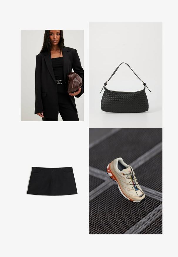 Black tailored blazer with long sleeves, notch lapels, and front pockets; paired with a black top, black belt, and a brown textured clutch bag.; Gray knit sweater with long sleeves, ribbed cuffs, and hem. Round neckline with a relaxed fit and soft texture. No visible patterns or accents.; Black, knee-length skirt made of soft fabric. Features two front pockets and a single button closure at the waist.; Beige running shoe with orange accents, designed with a textured upper, black outsole, and integrated laces. Features GORE-TEX branding.; Black woven shoulder bag with a smooth leather strap and zipper closure. Features a textured surface and curved shape.