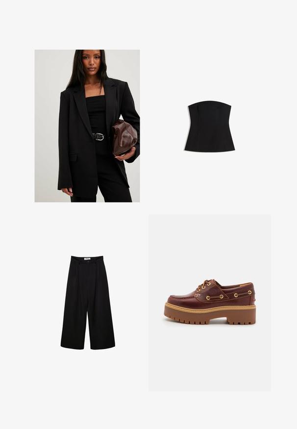 Musta muotitakkia, jossa on pitkät hihat, viistot kaulukset ja etutaskut; yhdistetty mustan paidan, mustan vyön ja ruskean tekstuurin omaavan clutch-laukun kanssa.; Mustaton olkaimeton paita, jossa on tiukka siluetti, sileä rakenne ja leveä kaula-aukko. Sisältää muotoilua varten ompeleet ja puhtaan, minimalistisen muotoilun.; Mustat leveät housut, joissa on korkeavyötärö, poimutettu etuosa ja nappisulku. Valmistettu sileästä kankaasta, jossa on räätälöity muotoilu.; Ruskea nahkainen venejalkine, jossa on paksu ruskea kumipohja, kultaiset nauhapaikat ja kontrastiväriompelu. Sivussa on logo.