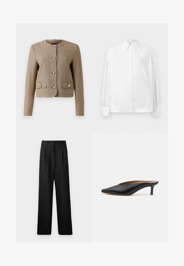 Kravejacket i brunt houndstooth-mønster med lange ærmer, fem skinnende knapper og to frontlommer med klap. Teksturstof med en skræddersyet pasform.; Hvid langærmet skjorte med knapper i en blød bomuldsblanding. Har en klassisk krave, frontlukning med knapper og rundede manchetter.; Sorte vide bukser med en glat tekstur, med forkørsler og høj talje design. Fremstillet af et let stof.; Sorte lædermules med spidse tæer og lav, firkantet hæl. Glat tekstur med et slankt design. Åben bag med minimal udsmykning.