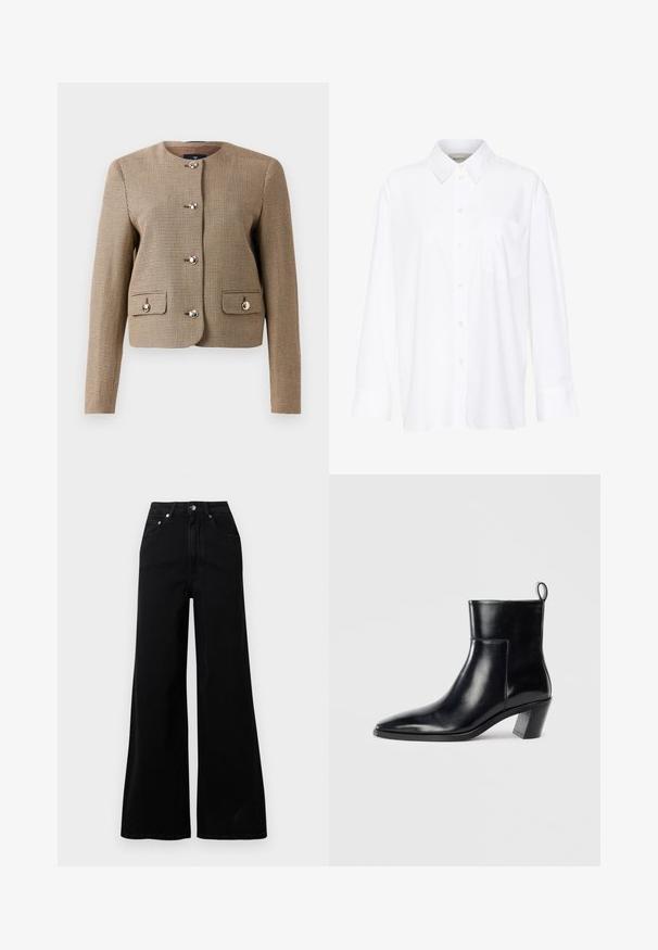 Krční hnědý houndstooth kabát s dlouhými rukávy, pěti lesklými knoflíky a dvěma předními kapsami s klopami. Texturovaná tkanina s přiléhavým střihem.; Bílá košile s dlouhým rukávem a límečkem vyrobená z bavlny. Má knoflíkovou přední část a jedno kapsičku na prsou. Hladký povrch, volný střih.; Černé kalhoty s širokými nohavicemi z denimu, s vysokým pasem, pěti kapsami, zapínáním na přední knoflíky a minimálními šicimi detaily.; Černá kožená kotníková bota s špičatou špičkou, geometrickou tvarovanou podpatkem a poutkem na zadní straně. Hladká textura a elegantní design.
