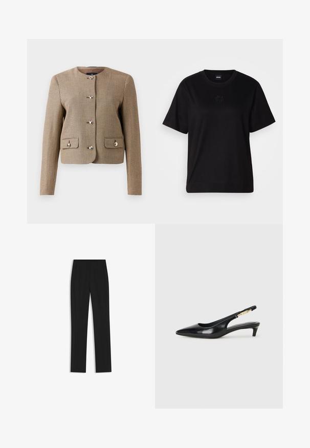 Beige Hahnentrittmuster-Jacke mit Kragen und langen Ärmeln, fünf glänzenden Knöpfen und zwei aufgesetzten Taschen vorne. Strukturierter Stoff mit taillierter Passform.; Schwarzes Baumwoll-T-Shirt mit Rundhalsausschnitt, kurzen Ärmeln und aufgesticktem Logo auf der Brust. Einfacher, lässiger Schnitt ohne Muster.; Schwarze maßgeschneiderte Hose mit geradem Bein, ausgestattet mit Fronttaschen und einem glatten, strukturierten Stoff. Saubere, minimale Details.; Schwarze Leder-Slingback-Pumps mit spitzem Schuhblatt, ausgestattet mit einem schlanken Absatz und einem goldfarbigen Akzent am verstellbaren Riemen. Glatte Textur.