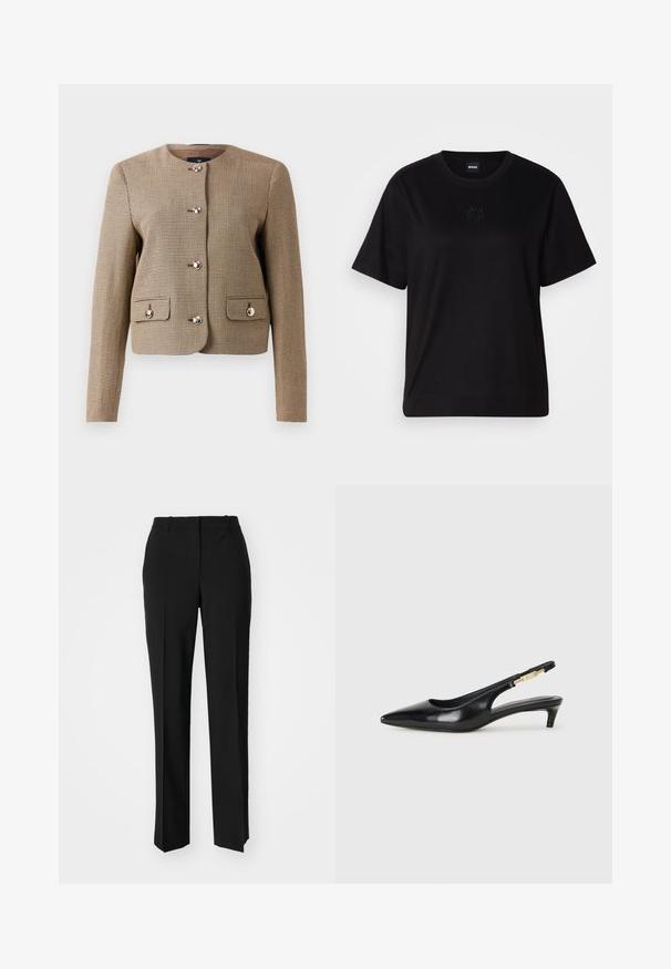 Beige Hahnentrittmuster-Jacke mit Kragen und langen Ärmeln, fünf glänzenden Knöpfen und zwei aufgesetzten Taschen vorne. Strukturierter Stoff mit taillierter Passform.; Schwarzes Baumwoll-T-Shirt mit Rundhalsausschnitt, kurzen Ärmeln und aufgesticktem Logo auf der Brust. Einfacher, lässiger Schnitt ohne Muster.; Schwarze, taillierte Hose mit geradem Bein, aus einem glatten Stoff und mit klaren Falten an der Vorderseite. Keine sichtbare Hardware.; Schwarze Leder-Slingback-Pumps mit spitzem Schuhblatt, ausgestattet mit einem schlanken Absatz und einem goldfarbigen Akzent am verstellbaren Riemen. Glatte Textur.