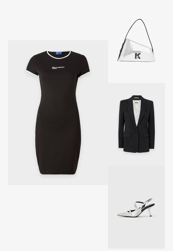 DRYKORN ATLIN - Blazer - black; Black fitted dress made from soft fabric, featuring a crew neckline with white trim and short sleeves. Accented with white logo text on the chest.; Silver slingback heels with a pointed toe, featuring a smooth metallic finish, a slender heel, and decorative strap details.; Silver metallic handbag with a triangular shape, black shoulder strap, and embossed 'K' logo on the front. Smooth, shiny texture.