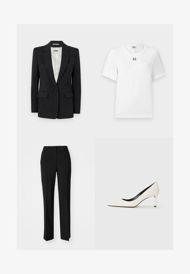 DRYKORN ATLIN - Blazer - black; T-shirt en coton blanc à manches courtes, avec un petit dessin graphique noir d'un visage avec des yeux en forme de cœur et une bouche droite sur la poitrine.; Pantalon noir ajusté avec une coupe droite, présentant une texture lisse et des plis nets sur le devant. Aucune quincaillerie visible.; Pompe à talon haut en cuir verni blanc avec un bout pointu, un talon fin et des détails intérieurs noirs. Texture lisse et design épuré.