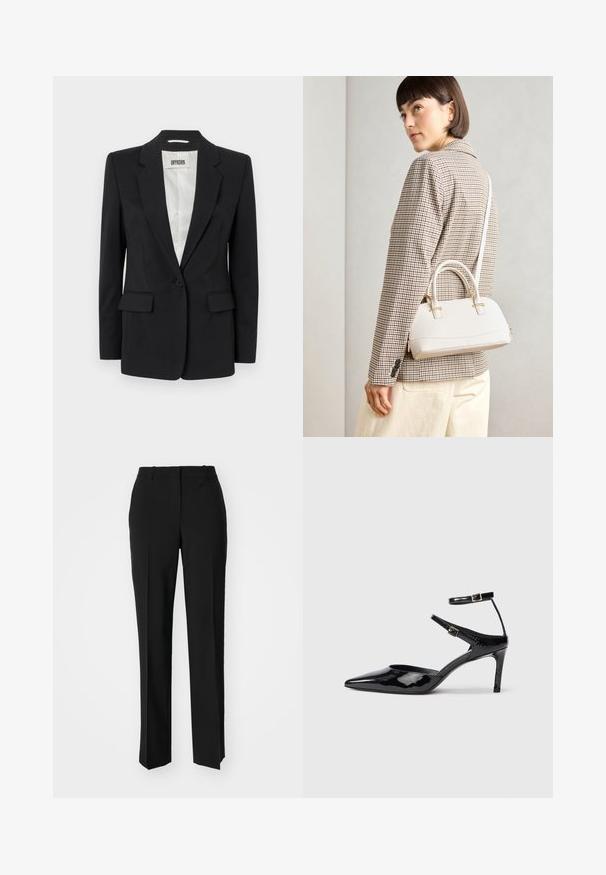 DRYKORN ATLIN - Blazer - black; Witte T-shirt met korte mouwen, gemaakt van zachte katoen. Heeft een ronde halslijn en een relaxte pasvorm. Schoon ontwerp zonder zichtbare patronen of accenten.; Zwarte op maat gemaakte broek met een recht model, voorzien van een soepele textuur en scherpe plooien aan de voorkant. Geen zichtbare hardware.; Zwarte laarzen van gepatenteerd leer met een spitse neus, verstelbare enkelbandjes en een slanke hak. Gladde textuur met een glanzende afwerking.; Witte gestructureerde handtas met korte handvatten en een schouderband, voorzien van gouden hardwareaccenten en een textuurmateriaal, tentoongesteld tegen een grijze achtergrond.