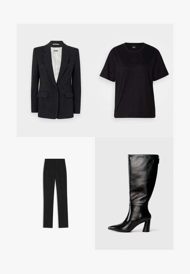 DRYKORN ATLIN - Blazer - black; Maglietta in cotone nera con scollatura tonda, maniche corte e logo ricamato sul petto. Design semplice e vestibilità rilassata senza motivi.; Pantaloni neri su misura con un design a gamba dritta, dotati di tasche frontali e un tessuto liscio e strutturato. Dettagli ordinati e minimalisti.; Stivale in pelle nera, alto fino al ginocchio, con punta affusolata, superficie liscia e tacco spesso. Presenta un dettaglio con zip sul retro.