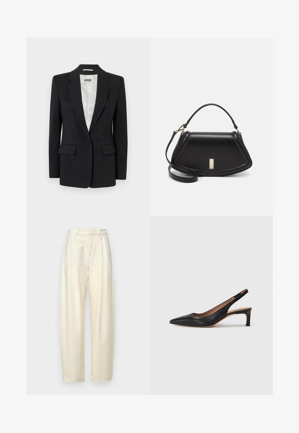 DRYKORN ATLIN - Blazer - black; Maglietta in cotone nera con scollatura tonda, maniche corte e logo ricamato sul petto. Design semplice e vestibilità rilassata senza motivi.; Pantaloni a pieghe a vita alta in tessuto crema chiaro. Presentano un taglio dritto e una texture liscia. Nessuna tasca o hardware visibile.; Pump slingback in pelle nera con punta appuntita, tacco basso e texture liscia. Presenta una sottile cinghia regolabile per una vestibilità sicura.; Borsa a mano in pelle nera con un design strutturato, caratterizzata da una forma corta, manico superiore e accessori in metallo dorato. Inclusa tracolla regolabile.