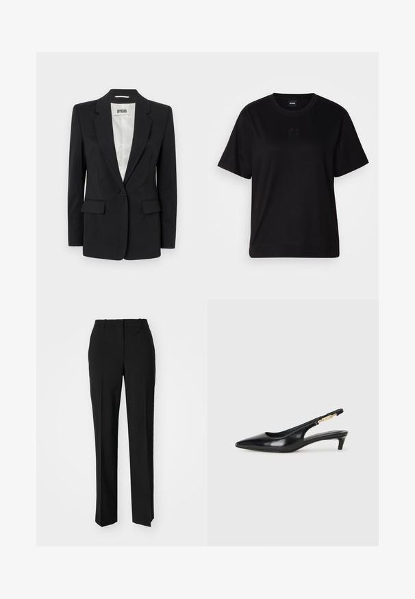 DRYKORN ATLIN - Bleiser - black; Mustmust särk, millel on ümar kaelus, lühikesed varrukad ja tindiga tikitud logo rinnal. Lihtne, mugav lõige ilma mustriteta.; Mustad ja sirged püksid, millel on sile tekstuur ja teravad voldid esiosas. Ilma nähtavate detailideta.; Mustad nahast slingback kontsad terava ninaga, millel on õhuke konts ja kuldse tooni aktsent reguleeritaval rihmal. Sile tekstuur.