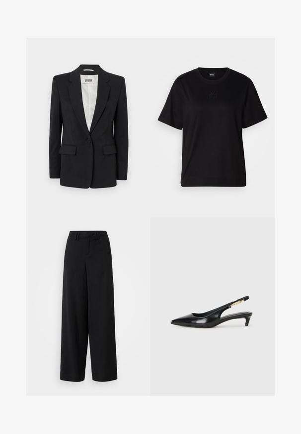 DRYKORN ATLIN - Blézer - black; Fekete pamut póló kerek nyakkivágással, rövid ujjakkal és hímzett logóval a mellkasán. Egyszerű, laza szabás, minta nélkül.; Fekete, széles szárú nadrág sima anyagból, lapos elejű kialakítással, redőzött részletekkel és övhurkokkal a derékrészen.; Fekete bőr slingback magassarkúk, hegyes orral, vékony sarkakkal és arany színű részlettel a állítható pánton. Simа felület.
