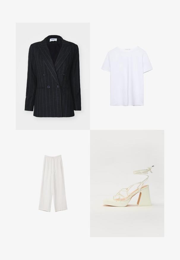 ONLY ONLMARLEY LIFE FIT - Blazer - dark grey melange/tannin; T-shirt bianco a maniche corte con collo rotondo e orlo dritto, esposto su uno sfondo bianco.; Pantaloni a gamba larga bianchi realizzati in un tessuto leggero. Presentano una vita elastica con cordoncino e tasche laterali. Texture liscia.; Sandalo bianco con tacco alto, caratterizzato da un design a cinturini e un legaccio alla caviglia. Texture liscia con una piattaforma frontale per un'altezza aggiuntiva.
