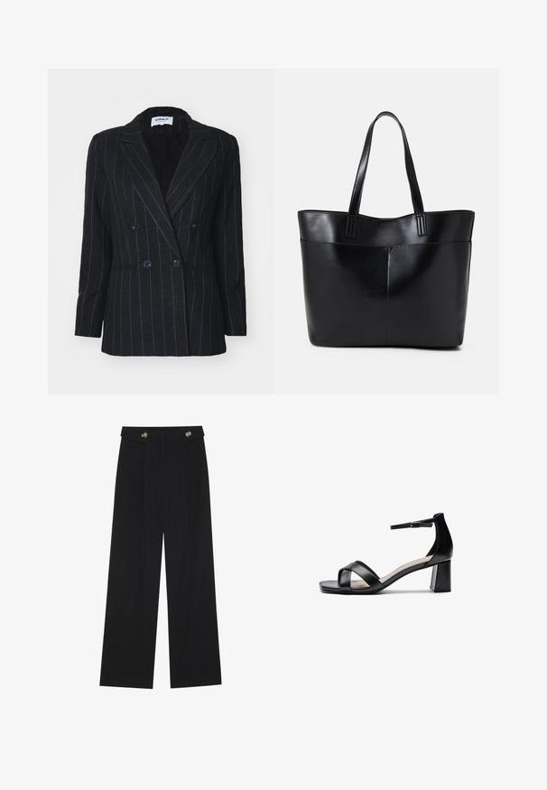 ONLY ONLMARLEY LIFE FIT - Blazer - dark grey melange/tannin; Black ribbed tank top with a square neckline and slim, adjustable straps. The fabric features a textured pattern and a fitted design.; Black wide-leg trousers with high waist, button details on waistband, and front pleats.; Black open-toe heeled sandal with crossed straps, adjustable ankle strap, and a chunky heel, featuring a smooth leather texture.; Black leather tote bag with two long handles, a smooth texture, and a structured shape. Features a front pocket for additional storage.
