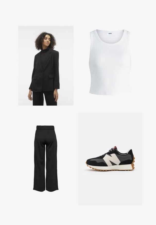 Črni sakou z enojnim gumbom, s klasičnimi reverji in dvema sprednjima žepoma. Gladka tkanina s strukturirano zasnovo.; Bela rebrasta majica brez rokavov z okroglim izrezom in krajšo dolžino. Oznaka navaja "JJXX." Gladka tekstura tkanine.; Črne hlače širokega kroja z elastičnim pasom, izdelane iz gladkega materiala. Imajo preprost dizajn brez žepov ali vidnih šivov.; Črne in sive semiš športne copate z velikim kremnim logotipom "N", vijoličastimi vezalkami in teksturiranim gumijastim podplatom.