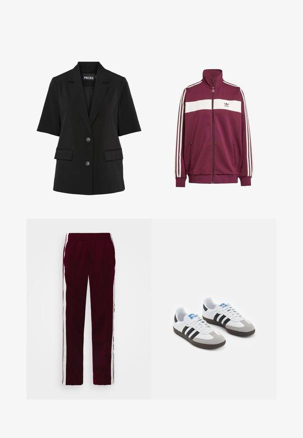 Pieces PCTEMPRE - Blézer - black; Bordó zipzáras dzseki fehér vízszintes csíkkal és három fehér oldalsó csíkkal. Magas nyakkal rendelkezik, és két cipzáras oldalsó zsebe van.; Fehér, pamutból készült, testhezálló póló, kerek nyakkivágással és rövid ujakkal, elől világoskék hímzett logóval.; Burgundi színű sportnadrág húzózsinórral a derekán, fehér oldalsávokkal és slim fit szabással. Simább, könnyű anyagból készült.; Fehér bőr felsőrészes sportcipő, szürke velúrból készült orral és három fekete csíkkal. Jellemzője a kék logó a nyelvén és egy texturált gumitalp.