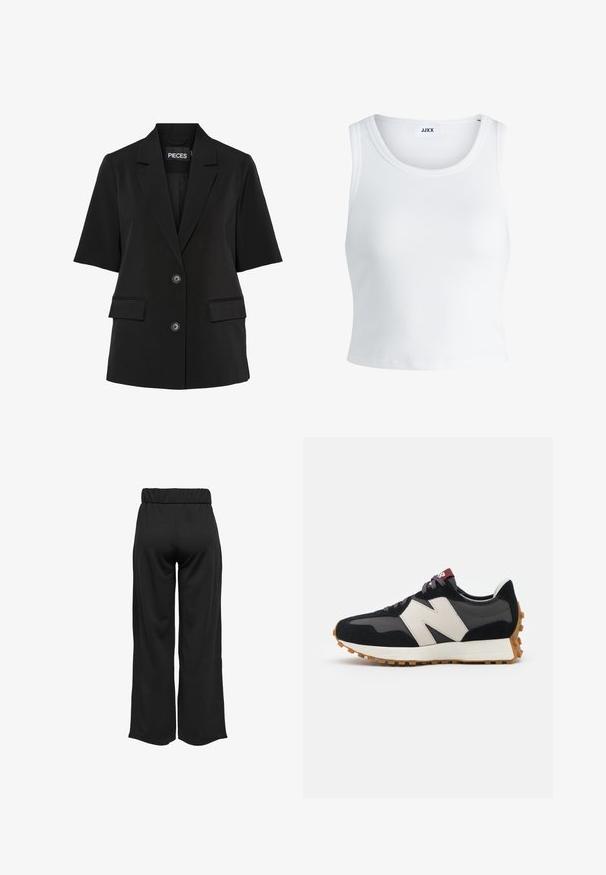 Pieces PCTEMPRE - Blejzr - black; Bílý žebrovaný top na ramínka se kulatým výstřihem, bez rukávů a zkrácenou délkou. Název značky je "JJXX." Hladká struktura látky.; Černé široké kalhoty s elastickým pasem, vyrobené z hladkého materiálu. Disponují čistým designem bez kapes nebo viditelných švů.; Černé a šedé semišové tenisky s velkým krémovým logem "N", fialovými tkaničkami a strukturovanou gumovou podrážkou.