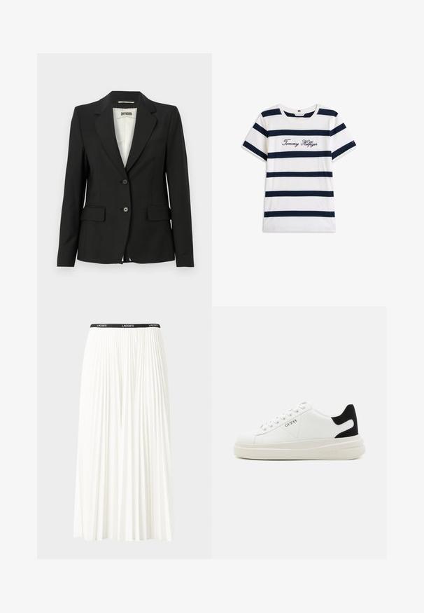 Czarna marynarka o dopasowanym kroju, z wyciętymi klapami, dwoma przednimi kieszeniami i zapięciem na jeden guzik. Wykonana z gładkiego materiału.; Bawełniana koszulka z poziomymi granatowymi paskami na białym tle. "Tommy Hilfiger" wyszyte kursywą na klatce piersiowej. Okrągły dekolt.; Plisowana biała spódnica z czarnym elastycznym pasem z logo "LACOSTE". Średniej długości, o miękkiej teksturze.; Białe skórzane sneakersy z grubą białą podeszwą, czarnym zamszowym akcentem na pięcie oraz wytłoczonym logotypem z boku. Projekt z sznurówkami i sześcioma dziurkami.