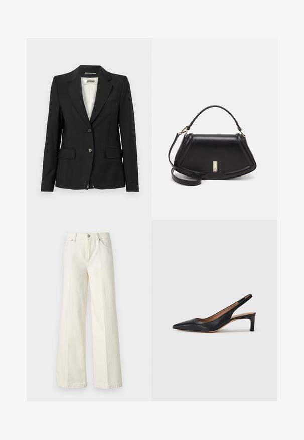 Fekete blézer, kialakított dizájnnal, kiskerek nyakkivágással, két elülső zsebbel és egysoros gombolással. Sima anyagból készült.; Fekete pamut póló kerek nyakkivágással, rövid ujjakkal és hímzett logóval a mellkasán. Egyszerű, laza szabás, minta nélkül.; Bőszárú fehér farmernadrág pamut keverék anyagból. Cipzáras záródással, öt zsebes kialakítással és varrással a varratok mentén.; Fekete bőr slingback pumpa hegyes orral, alacsony sarokkal és sima textúrával. Vékony, állítható pánttal rendelkezik a biztos illeszkedés érdekében.; Fekete bőr kézitáska, strukturált dizájnnal, rövidített formával, felső fogantyúval és arany színű kiegészítőkkel. Állítható vállpánt is tartozik hozzá.
