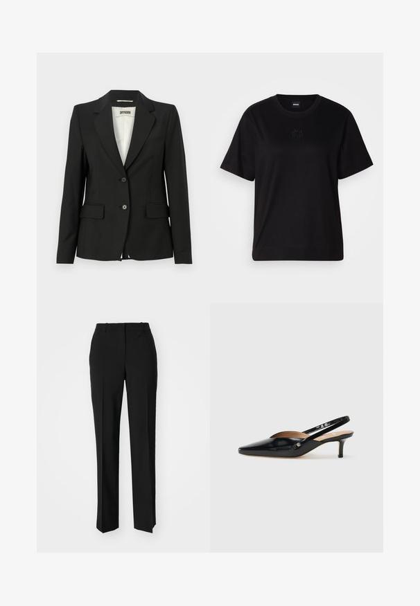 Mustassa bleiserissä on slim fit -muotoilu, viistetyt kaulukset, kaksi etutaskua ja yksinkertainen napitus. Se on valmistettu sileästä kankaasta.; Musta puuvillapaita, jossa on pyöreä kaula-aukko, lyhyet hihat ja brodeerattu logo rinnassa. Yksinkertainen, rento istuvuus ilman kuvioita.; Mustat räätälöidyt housut suoraa lahjetta, joissa on sileä pinta ja terävät taitteet edessä. Ei näkyvää metalliosaa.; Musta patenttikiiltoinen slingback-korkokenkä, jossa on teräväkärkinen muoto, pieni korko ja leikkauksella varustettu suunnittelu vampaassa. Kultasävyinen metallivanhus sivulla.