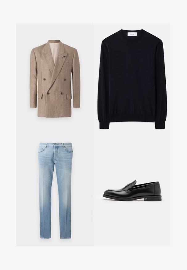 Divrindas mētelis brūnas rakstainas kārtas, ar lieliem izgriezumiem, divām priekšējām kabatām un dekoratīvu adatu akcentu.; Melnas kreklu piedurknēm bez apkakles, izgatavots no līdzenas adīta auduma. Ilgas piedurknes ar pieguļošām aprocēm un brīvs piegriezums visā ķermenī.; Gai zila džinsa bikses ar taisnu kāju griezumu, maigu nodilumu, piecu kabatu dizainu un pogu aizdari viduklī.; Melnas ādas kurpes ar gludu tekstūru, noapaļu purngalu un dekoratīvu siksniņu pāri priekšpusei. Zems sakrauts papēdis, minimālisma dizains.