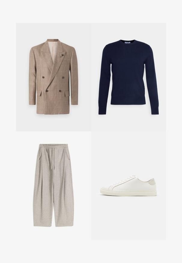 Kaksirivinen takki ruskeassa ruutukuosissa, jossa on suuret avolapelliset kaulukset, kaksi etutaskua ja koristeellinen pinnisävy.; Tummansininen pyöreäkauluksinen neulepusero, joka on valmistettu pehmeästä kankaasta ja jossa on pitkät hihat sekä resorihelma. Ei näkyviä kuvioita tai koristeluita.; Vaaleanharmaat hupparit, joissa on joustava vyötärö, säädettävä nyöritys, kaksi sivutaskua ja löysät, levenevät lahkeet. Pehmeä pinta, pleatattu muotoilu.; Valkoinen nahkakengät, joissa on sileä pinta, pyöreä kärki ja minimalistiinen muotoilu. Varressa beige-yksityiskohtia ja kumipohja.