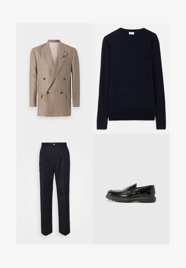 Pruunilise ruudulise mustriga kahekordne ülikond, millel on suured nurgelised kraed, kaks esi-taskut ja dekoratiivne märgistus.; Tumedat sinise värvi ümmarguse kaelusega kootud sviiter, mis on valmistatud pehmest kangast ja millel on pikad varrukad ning soonikuga detailid krae ja äärte ümber. Puhtad ja minimalistlikud jooned.; Mustad kohandatud püksid, sirge jala lõikega, valmistatud siledast kangast, esise nupuga kinnituse ja kahe külgtaskuga.; Must musta nahk loafer läikiva viimistlusega, ümar varvas, delikaatsed õmblusdetailid ja paks kummist tallad vastupidavuse tagamiseks.