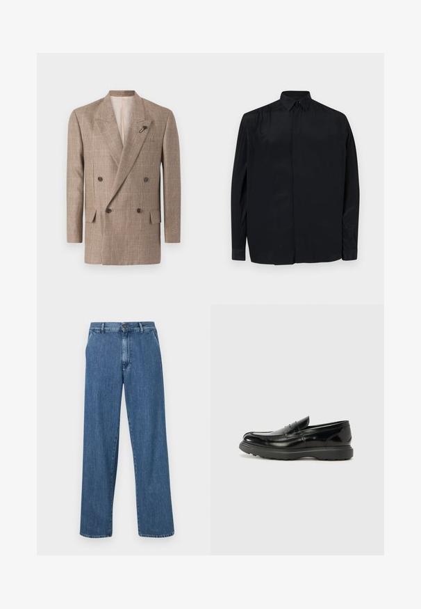 Sacou cu două rânduri de nasturi, cu un model în carouri maro, având rever mare, două buzunare frontale și o accent decorativă sub formă de broșă.; Cămașă neagră cu mâneci lungi, confecționată dintr-un material fin, având guler clasic, închidere cu butoane și un croi lejer, cu manșete. ; Blugi cu picioare largi, din denim albastru, cu închidere cu buton, buzunare frontale și o formă dreaptă clasică, cu o finisare decolorată.; Mocasin din piele neagră cu o finisare lucioasă, vârf rotunjit, detalii de cusătură subtile și o talpă groasă din cauciuc pentru durabilitate.