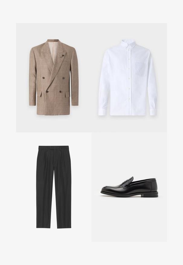 Dwurzędowa kurtka w brązową kratkę, z dużymi klapami, dwoma przednimi kieszeniami i dekoracyjną broszką.; Biała koszula z długim rękawem na guziki, wykonana z bawełny, z kieszonką na piersi z tonowym haftem, kołnierzykiem i zapięciem na guziki przy mankietach.; Czarne spodnie plisowane wykonane z gładkiego materiału; posiadają pas z pętlami na pasek oraz prostą nogawkę. Minimalistyczny design bez wzorów.; Czarne skórzane mokasyny o gładkiej fakturze, zaokrąglonym nosku i dekoracyjnym pasku na przodzie. Niski, warstwowy obcas, minimalistyczny design.