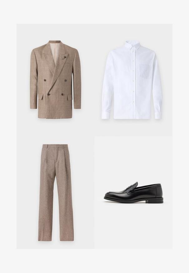 Divrindas mētelis brūnas rakstainas kārtas, ar lieliem izgriezumiem, divām priekšējām kabatām un dekoratīvu adatu akcentu.; Balts garo piedurknēm krekliņš ar pogām, izgatavots no kokvilnas, ar krūšu kabatu ar tonālu izšuvumu, apkakli un pogām pie piedurknēm.; Brūni, augstos šortos izgatavoti no teksturēta auduma. Iezīmē plašas kājas un divas priekšējās krokas, kas nodrošina struktūru. Kārtīga apdare bez redzamām detaļām.; Melnas ādas kurpes ar gludu tekstūru, noapaļu purngalu un dekoratīvu siksniņu pāri priekšpusei. Zems sakrauts papēdis, minimālisma dizains.