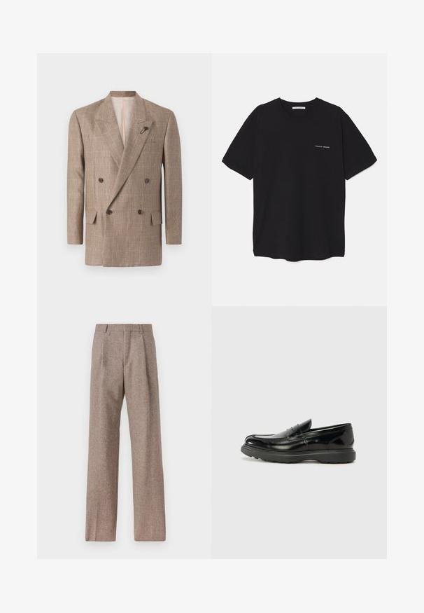 Doppelt geknöpftes Jackett in einem braunen Karomuster, mit großen Revers, zwei vorderen Taschen und einem dekorativen Anstecker.; Schwarzes Baumwoll-T-Shirt mit Rundhalsausschnitt, kurzen Ärmeln und weißem Logodruck auf der linken Brust. Einfaches, einfarbiges Design.; Braune, hochtaillierte Hose aus strukturiertem Stoff. Mit weitem Bein und zwei vorderen Bügelfalten für zusätzliche Form. Saubere Verarbeitung ohne sichtbare Hardware.; Schwarze Lederloafer mit glanzendem Finish, abgerundetem Zehenbereich, subtilen Steppnähten und einer dicken Gummisohle für Langlebigkeit.