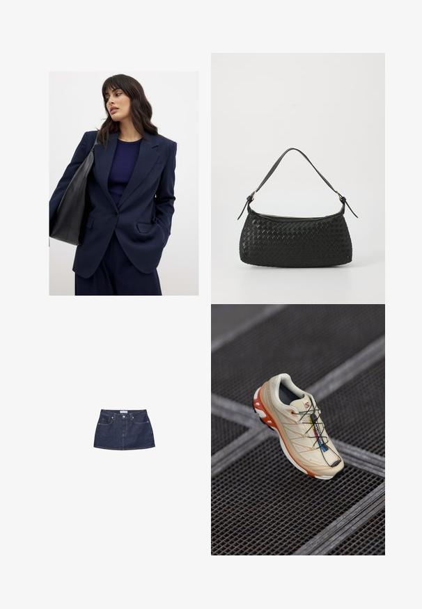 Temno modra blejzer z ostrimi reverji, enojnim gumbom in dvema sprednjima žepoma. Ujemajoč temno rebrast top in črna torbica.; Siv svetrov z dolgimi rokavi, ribanimi manšetami in robom. Okrogla odprtina za vrat z udobnim krojem in mehkimi vlakni. Brez vidnih vzorcev ali dodatkov.; Denim mini krilo v temno modri barvi z oprijetim pasom, sprednjima žepoma in kovinskim gumbom za zapiranje. Gladka tekstura in klasičen kroj.; Bežni tekaški čevelj z oranžnimi detajli, zasnovan z teksturiranim zgornjim delom, črnim podplatom in integriranimi vezalkami. Ima GORE-TEX oznako.; Črna tkana torba za ramo s gladkim usnjenim trakom in zadrgo. Ima teksturirano površino in ukrivljeno obliko.