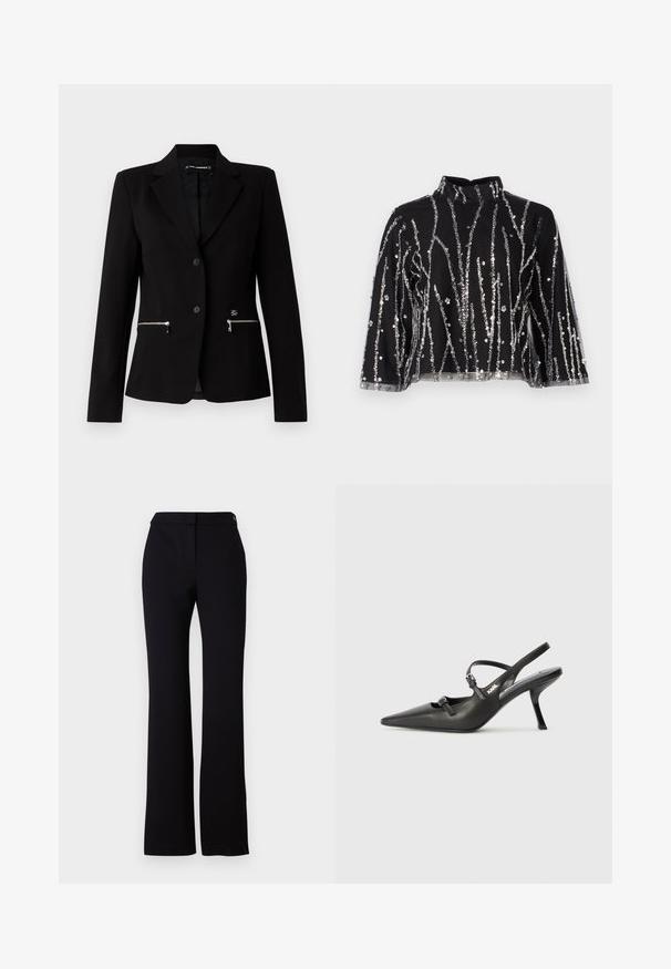 Musthave mustrinda pintsak üheinupulise kinniõmbluse, hõbedaste tõmblukkudega taskute ja voolujoonelise disainiga. Valmistatud siledast ja tugevast kangast.; Mustmust lõhikuga must topp kõrgema kaelusega, millel on hõbedased säbrulised vertikaalsed read, läbipaistvad varrukad ja tekstureeritud kangas.; Mustad püksid, millel on sirge lõige, sile tekstuur ja ühe nupukinnitusega vöökoht. Ei ole nähtavaid mustreid ega aktsente.; Must musta slingback kontsad, terava nina, peenike konts ja dekoratiivne pandla detail peal. Sile tekstuur ja stiilne disain.