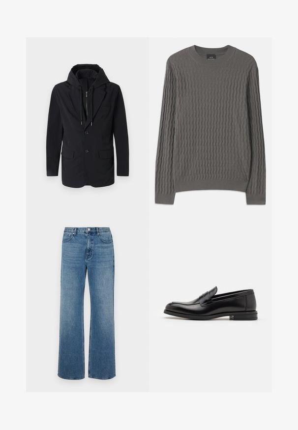 Juodas hibridinis švarkas su kapisonu. Yra dvi priekinės kišenės, vienas mygtukas ir sklandus paviršius. Integruotas užtrauktuko kapisonas.; Armani Exchange Džemperis - dark gull zig zag; Platus blaujos džinsai, pagaminti iš dėvėtos džinsinio audinio. Sukurtas su penkiomis kišenėmis, priekiniais sagčių uždarymu ir tiesiu kirpimu.; Juodos odinės loafers, turinčios lygų paviršių, apvalią noselę ir dekoratyvinę juostą per priekinę dalį. Žemas krentantis kulnas, minimalistinis dizainas.