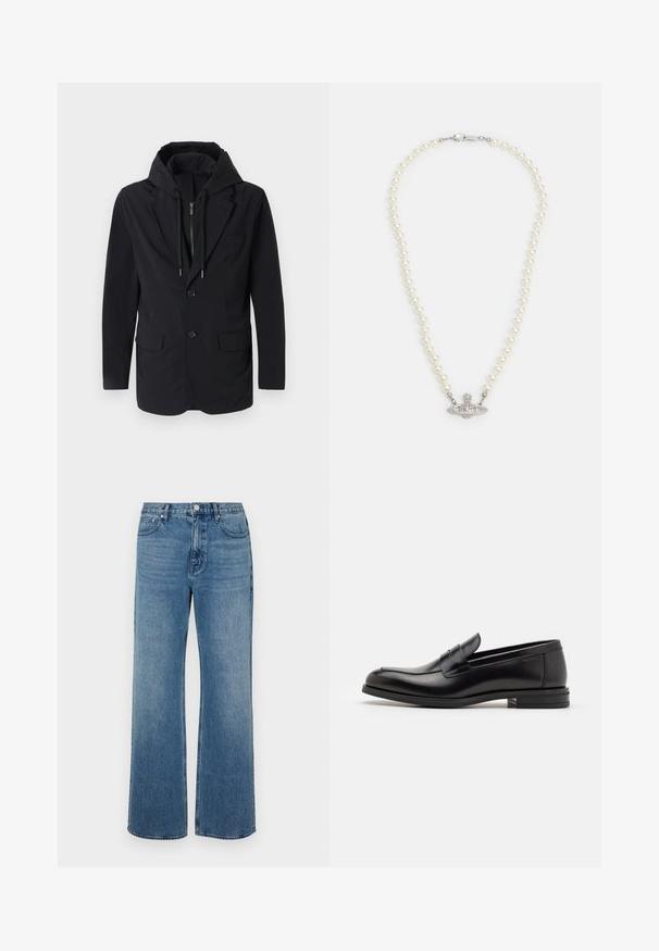 Črni hibridni blazer s kapuco. Ima dva sprednja žepa, zapiranje na en gumb in gladko teksturo. Integrirana kapuca z zadrgo.; Črna majica s kratkimi rokavi z velikim belim grafičnim prikazom stilizirane krogle in obroča, na vrhu pa s križem na središču spredaj.; Modri široki jeans iz denima z izbledelim zaključkom. Imajo pet žepov, sprednje zapiranje na gumb in ravno krojenje.; Črne usnjene loafer čevlje z gladko teksturo, zaobljenim nosom in dekorativnim trakom čez zgornji del. Nizka zložena peta, minimalističen dizajn.; Biserka iz biserov s srebrnim zaponko. Ima okrogle bele bisere in dekorativno središče, okrašeno s kamenčki.