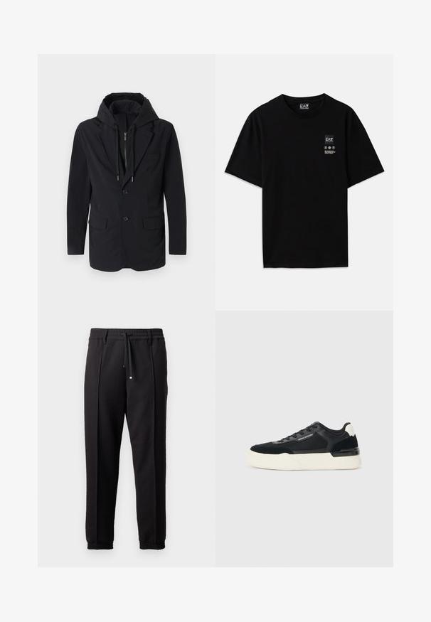 Blazer hibrid negru cu glugă. Dispune de două buzunare frontale, închidere cu un singur nasture și o textură netedă. Gluga cu fermoar este integrată.; Tricou negru din bumbac, cu mâneci scurte, guler rotund și un mic eticheta cu logo pe față, având simboluri de îngrijire în alb.; Pantaloni negri cu un brâu, șnur și manșete elastice. Prezintă pliuri și un material neted, texturat.; Adidași negri din plasă și piele, cu o talpă groasă albă și accente contrastante. Șireturi și detalii ale logo-ului pe lateral.