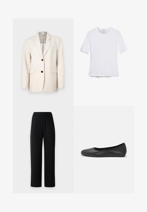 Beige blazer made of smooth fabric, featuring a notched lapel, two front pockets, and two black buttons for closure.; White short-sleeve t-shirt made of ribbed fabric. Round neckline, regular fit, and subtle stitching details. No patterns or graphics.; Black wide-leg pants made of smooth fabric with an elastic waistband. Features a straight cut and minimal detailing. Suitable for casual wear.; Black leather ballet flat with a rounded toe, smooth texture, minimal stitching detail, and a flexible sole design.