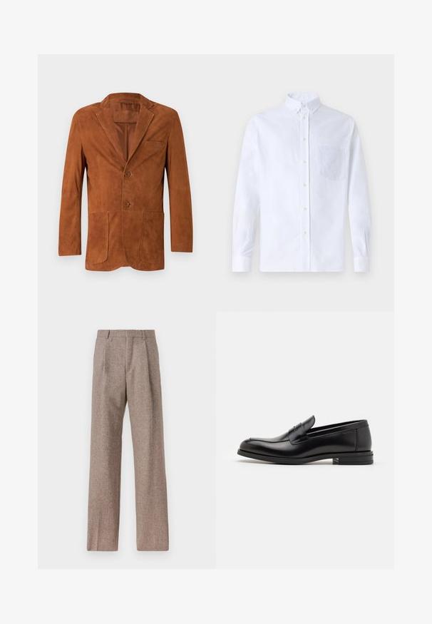 Brązowy zamszowy żakiet z klapami, dwoma przednimi kieszeniami i dwoma guzikami, o gładkiej fakturze i dopasowanym kroju.; Biała koszula z długim rękawem na guziki, wykonana z bawełny, z kieszonką na piersi z tonowym haftem, kołnierzykiem i zapięciem na guziki przy mankietach.; Brązowe, wysokiej talii spodnie wykonane z teksturowanej tkaniny. Posiadają szerokie nogawki i dwa przednie zakładki dla lepszej struktury. Starannie wykończone, bez widocznych elementów metalowych.; Czarne skórzane mokasyny o gładkiej fakturze, zaokrąglonym nosku i dekoracyjnym pasku na przodzie. Niski, warstwowy obcas, minimalistyczny design.