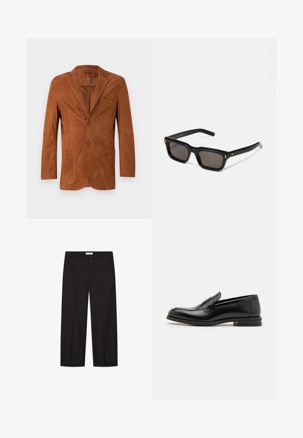 Hnedý semišový blazer s klopovým golierom, dvoma prednými vreckami a dvoma gombíkmi, s hladkou textúrou a upraveným strihom.; Biela bavlnená tielko bez rukávov s okrúhlym výstrihom, s hladkou textúrou a priliehavým strihom, navrhnuté pre neformálne nosenie.; Čierne široké nohavice vyrobené z hladkej tkaniny. Majú zapínanie na gombík a zips, dve predné vrecká a ostrý lem.; Čierne kožené mokasíny s hladkou textúrou, zaoblenou špičkou a dekoračným pásikom cez priehlavok. Nízky vrstvený opätok, minimalistický dizajn.; Čierne obdĺžnikové slnečné okuliare s tmavými sklami, hrubým plastovým rámom, zlatými detailami na spánkoch a vygravírovaným logom značky na ramene.