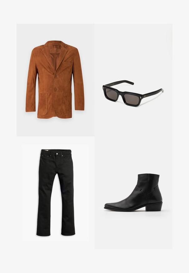 Hnědý semišový blejzr s klopovým límcem, dvěma předními kapsami a dvěma knoflíky, s hladkou texturou a dobře padnoucím střihem.; Bílý žebrovaný top bez rukávů s grafickým potiskem stříbrného řetězu a dvěma psími známkami s nápisy: "HATE" a "COMPASSION."; Černé džíny z denimu se střihem rovného nohavice, pěti kapsami, kovovým zapínáním a jemnými švy. Hladká textura a jednobarevný design.; Černá kožená kotníková bota s špičatou špičkou, minimálním množstvím švů, střední blokovou podpatečkou a hladkým, lesklým povrchem.; Černé obdélníkové sluneční brýle s tmavými skly, silným plastovým rámem, zlatými akcenty na spáncích a vyrytým logem značky na nožičce.